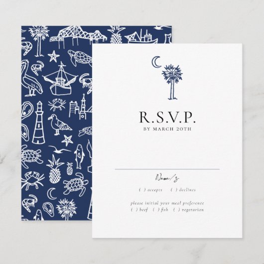 Charleston Toile Navy Blue Wedding Response Kaart (Voorkant / Achterkant)