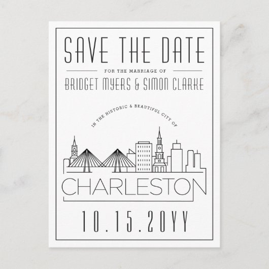 Charleston Wedding Stylized Skyline Save the Date Briefkaart (Voorkant)