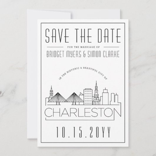 Charleston Wedding Stylized Skyline Save the Date Kaart (Voorkant)