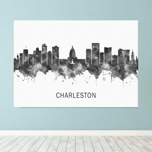 Charleston West Virginia Skyline BW Canvas Afdruk (Insitu (Houten vloer))