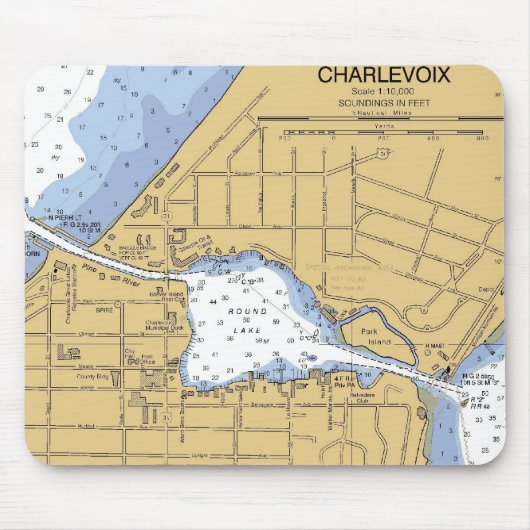 Charlevoix, MI Round Lake Nautical Chart Mousepad Muismat (Voorkant)