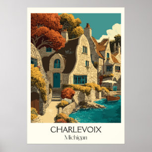 Charlevoix Michigan Vintage Mushroom House Art Poster
