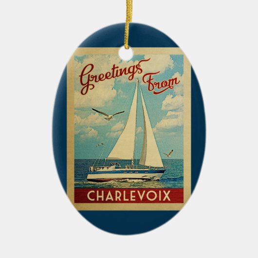 Charlevoix Sailboot Vintage Travel Michigan Keramisch Ornament (Voorkant)
