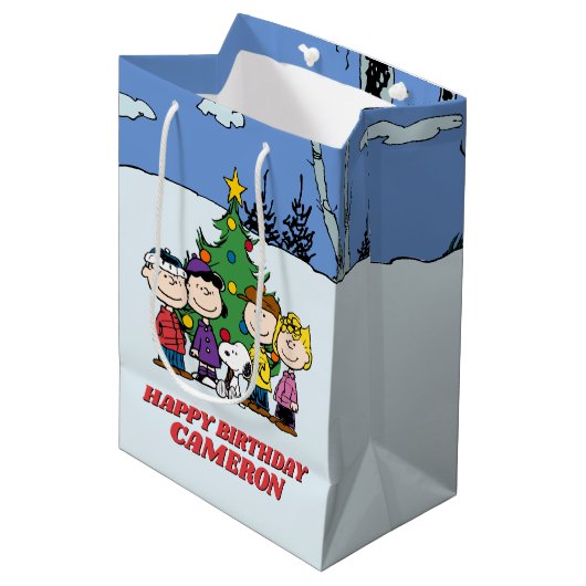 Charlie Brown en Friends Winter Birthday Medium Cadeauzakje (Voorkant Gekanteld)