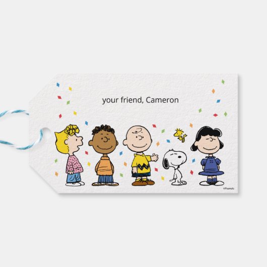 Charlie Brown en Gang Confetti Verjaardag Cadeaulabel (Achterkant Horizontaal)