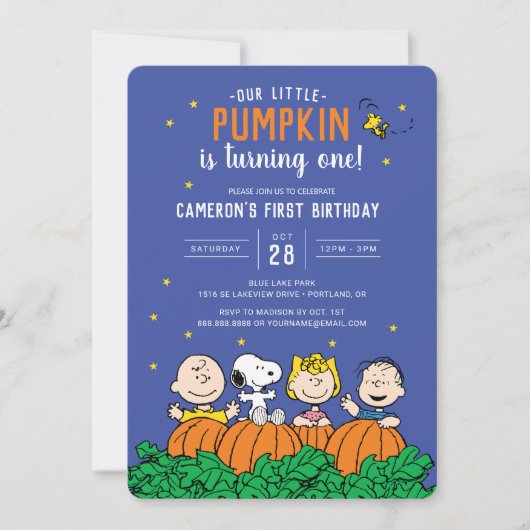 Charlie Brown en Gang Pumpkin First Birthday Kaart (Voorkant)