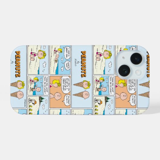 Charlie Brown en Sally Ice Cream op het strand iPhone 15 Case (Achterkant horizontaal)