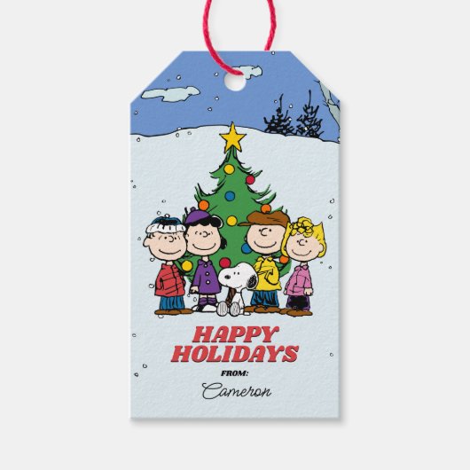 Charlie Brown en vrienden Kerstmis Cadeaulabel (Voorkant)