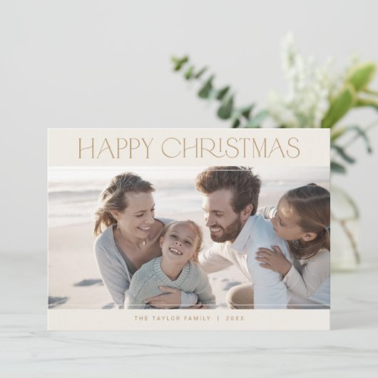 CHARLIE Gold Moderne Familiefoto Gelukkig Kerstfee Feestdagenkaart (Staand voorkant)