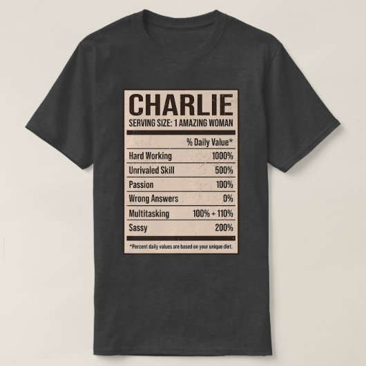Charlie Nutrition Facts Name Nickname Alias Title  T-shirt (Design voorkant)