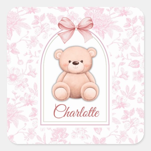 Charlotte | Aangepaste Roze Teddybeer Nursery Desi Vierkante Sticker (Voorkant)