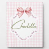 Charlotte Gepersonaliseerde Roze Bow & Gingham Pri Fotoplaat (Voorkant)