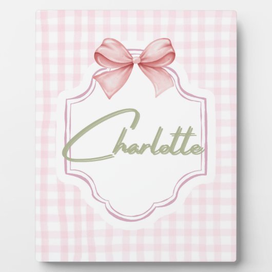 Charlotte Gepersonaliseerde Roze Bow & Gingham Pri Fotoplaat (Voorkant)