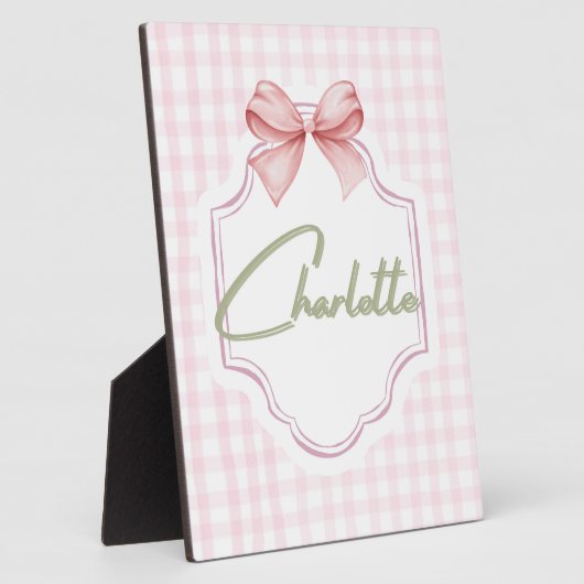 Charlotte Gepersonaliseerde Roze Bow & Gingham Pri Fotoplaat (Zijkant)