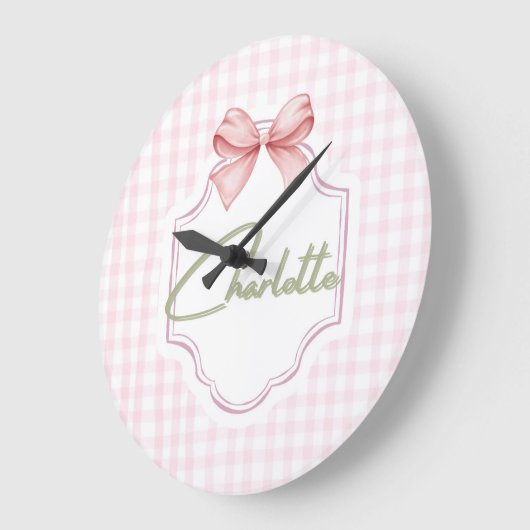 Charlotte Gepersonaliseerde Roze Bow & Gingham Pri Grote Klok (Hoek)