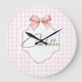 Charlotte Gepersonaliseerde Roze Bow & Gingham Pri Grote Klok (Voorkant)