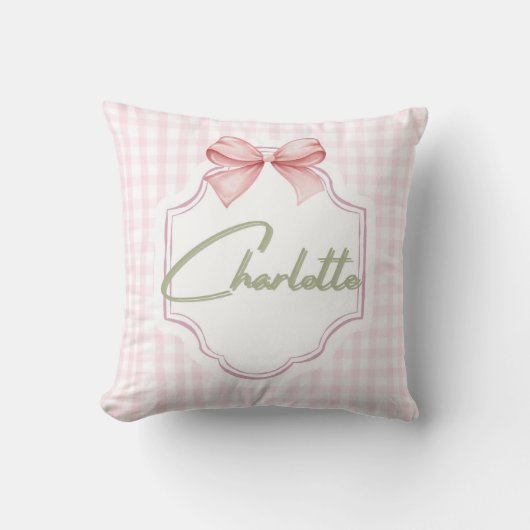 Charlotte Gepersonaliseerde Roze Bow & Gingham Pri Kussen (Voorkant)