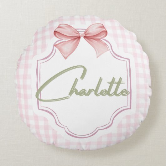 Charlotte Gepersonaliseerde Roze Bow & Gingham Pri Rond Kussen (Voorkant)