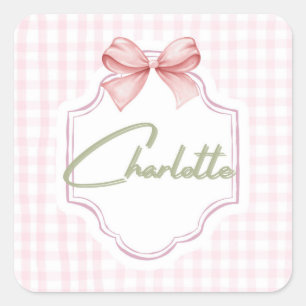 Charlotte Gepersonaliseerde Roze Bow & Gingham Pri Vierkante Sticker