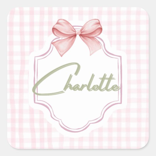 Charlotte Gepersonaliseerde Roze Bow & Gingham Pri Vierkante Sticker (Voorkant)