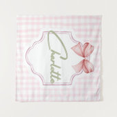 Charlotte Gepersonaliseerde Roze Bow & Gingham Pri Wandkleed (Voorkant (horizontaal))