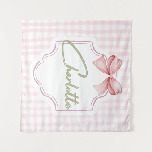 Charlotte Gepersonaliseerde Roze Bow & Gingham Pri Wandkleed (Voorkant (horizontaal))