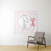 Charlotte Gepersonaliseerde Roze Bow & Gingham Pri Wandkleed (In Situ (horizontaal))