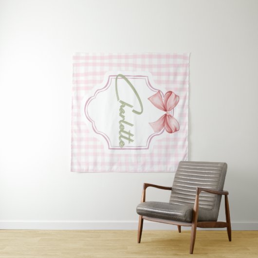 Charlotte Gepersonaliseerde Roze Bow & Gingham Pri Wandkleed (In Situ (horizontaal))