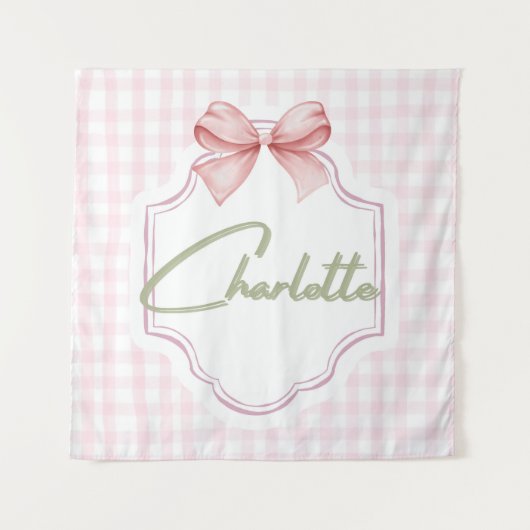 Charlotte Gepersonaliseerde Roze Bow & Gingham Pri Wandkleed (Voorkant)