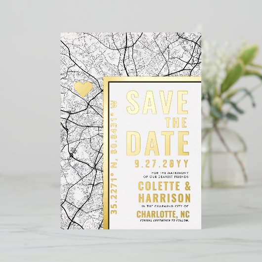 Charlotte Love Locator | Bruiloft Bewaar de datum Folie Uitnodiging (Staand Voorkant)