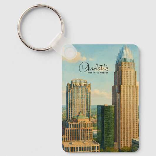 Charlotte NC Aquarel Skyline Reis Sleutelhanger (Voorkant)