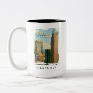 Charlotte NC Aquarel Skyline Reis Tweekleurige Koffiemok