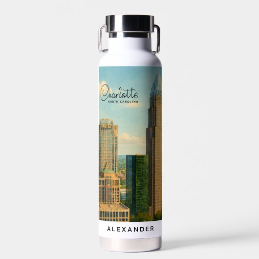 Charlotte NC Aquarel Skyline Reis Waterfles (Voorkant)