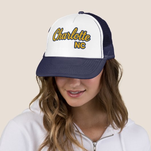 Charlotte NC Script Design – Bold Yellow & Navy Trucker Pet (In situ)