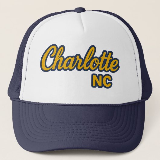 Charlotte NC Script Design – Bold Yellow & Navy Trucker Pet (Voorkant)
