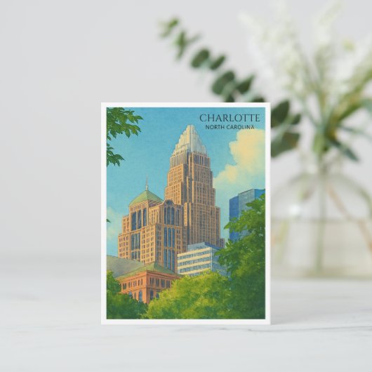 Charlotte NC Skyline Waterverf Travel Briefkaart (Staand voorkant)