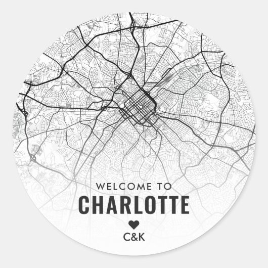 Charlotte, NC Stadskaart | Bruiloft Welkom Ronde Sticker (Voorkant)