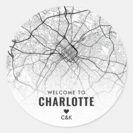 Charlotte, NC Stadskaart | Bruiloft Welkom Ronde Sticker