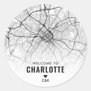 Charlotte, NC Stadskaart   Bruiloft Welkom Ronde Sticker