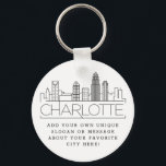 Charlotte, NC, Stylized Skyline | Aangepaste sloga Sleutelhanger<br><div class="desc">Een unieke sleutelketen die de prachtige stad Charlotte vertegenwoordigt,  NC. Deze sleutelhanger bevat een gestileerde illustratie van de unieke skyline van de stad met de naam eronder. Onder de stadsnaam bevindt zich een plek voor je unieke slogan of verklaring over je favoriete stad.</div>
