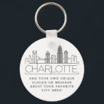 Charlotte, NC, Stylized Skyline | Aangepaste sloga Sleutelhanger<br><div class="desc">Een unieke sleutelketen die de prachtige stad Charlotte vertegenwoordigt,  NC. Deze sleutelhanger bevat een gestileerde illustratie van de unieke skyline van de stad met de naam eronder. Onder de stadsnaam bevindt zich een plek voor je unieke slogan of verklaring over je favoriete stad.</div>