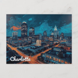 Charlotte NC Uptown Nacht Stadskunst Briefkaart
