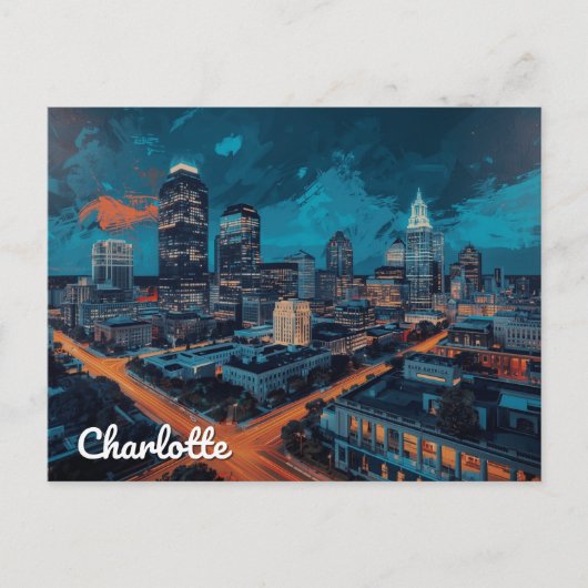 Charlotte NC Uptown Night City Art Briefkaart (Voorkant)