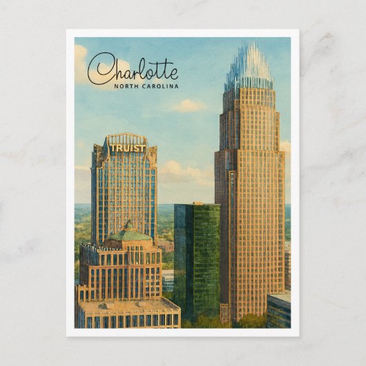 Charlotte NC Waterverf Skyline Travel Briefkaart (Voorkant)