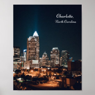 Charlotte North Carolina City Skyline Night Poster