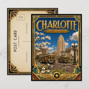 Charlotte North Carolina Vintage Art Deco Gouden Briefkaart