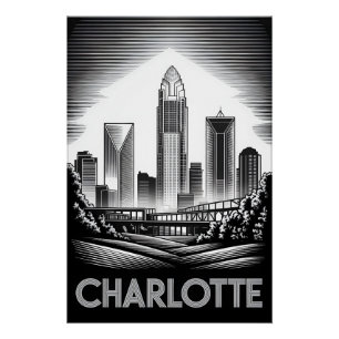 Charlotte North Carolina Zwart-Wit Houtsnede Perfect Poster