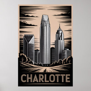 Charlotte North Carolina Zwart-Wit Houtsnede Poster