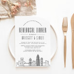 Charlotte Rehearsal Dinner | City Skyline Kaart<br><div class="desc">Een unieke repetitie diner uitnodiging voor een huwelijk vindt plaats in de prachtige stad Charlotte, North Carolina. Deze uitnodiging bevat een gestileerde illustratie van de unieke skyline van de stad. Dit wordt gevolgd door uw repetitie diner informatie in een bijpassende open-line stijl. Aan de achterkant van de uitnodiging zit een...</div>