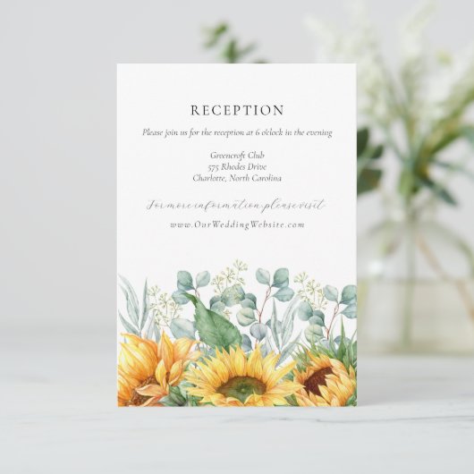 Charlotte rustieke zonnebloemen bruiloft receptie informatiekaartje (Staand voorkant)